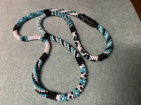 Oct 31 - Kumihimo necklace. Turquoise, black, and white size 11 beads. Oct 31 - Kumihimo necklace. Turquoise, black, and white size 11 beads.